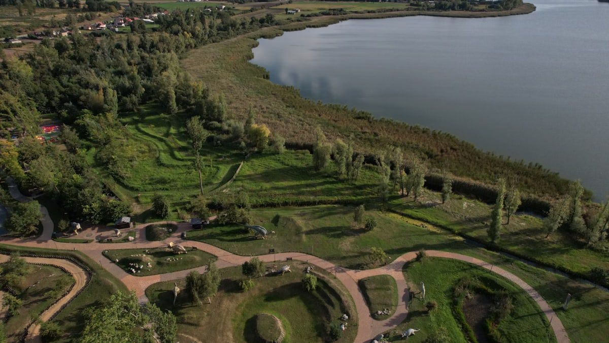 Aerial view of a beautiful lake surrounded by lush green park with winding pathways.